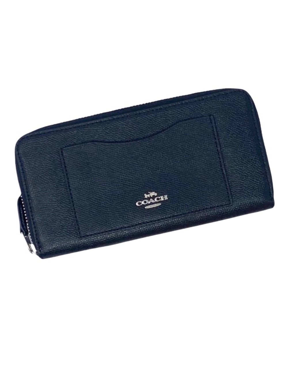 COACH Accordion Zip Crossgrain Black Leather Wallet Silver Hardware